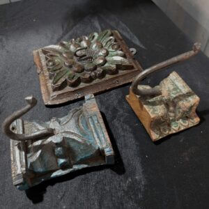 Three Carved Wood & Steel Wall Mounted Hooks