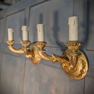 Pair Small Vintage Gold Leaf Carved Oak Wall Lights Gilt Sconces