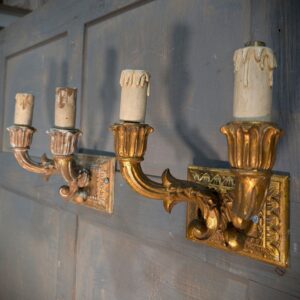 Pair Small Vintage Carved Wooden Gilt Sconces Wall Lights with Acanthus Arms