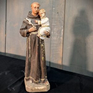 Antique French Rustic Religious Statue of St Antony & Child
