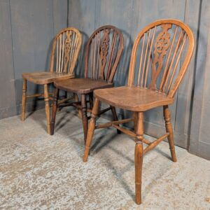 Three 1920's, 1930's Vintage Wheelback Elm Kitchen Chairs