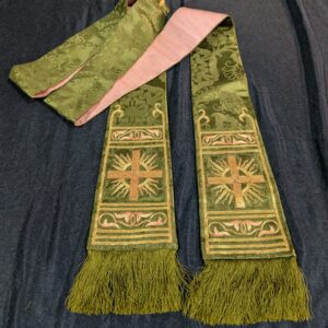 Excellent Olive Green Damask Stole with Gold Thread Embroidery