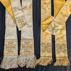 Two Quality Gold Embroidered Yellow & Cream Damask Stoles for Restoration or Parts