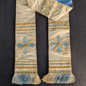 Cream Blue & Gold Vintage Silk Stole with Crosses