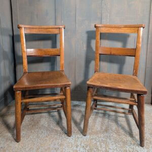 Pair of Antique Banbury 1910 Elm & Beech Lovely Patina Church Chapel Chairs with Racks