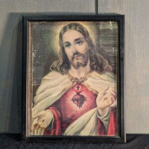 Crudely Framed Oleograph Style Print of The Sacred Heart of Jesus