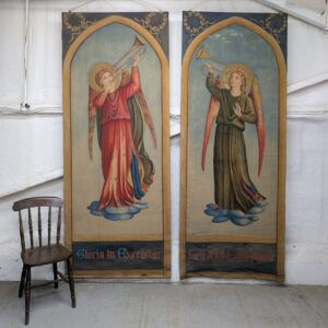 Two Gorgeous Very Large Antique Hand Painted Banners of Angels Playing Trumpets