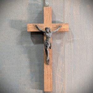 Heavy Antique Smaller Size Lead Spelter and Oak French Crucifix