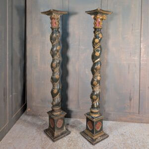 A Pair of Antique Baroque Painted and Parcel Gilt Solomic Columns Paschal Candlestands