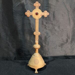 Early Gothic Revival Brass Altar Cross With Large Red Stone And Etched Gothic Designs -Attic Find -