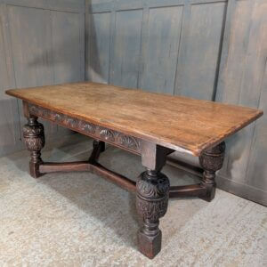 Antique Plank Top Refectory Table with Carved Frieze & Baluster Legs