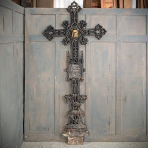 Extremely Large 2.1 Metre High Belgian 19th Century Cast Iron Cross Crucifix with Name Plate