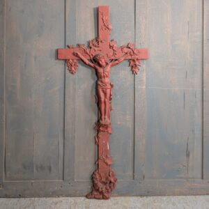 Antique Large French Iron Shrine Cross in Red Oxide Paint