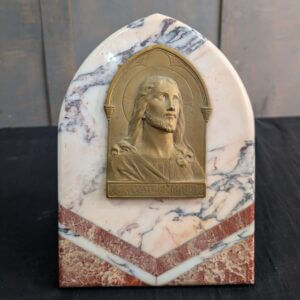 Vintage French Marble Mounted Brass Plaque Salvator Mundi by Lide Helly