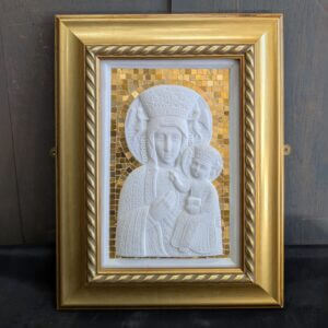 Framed Carved Alabaster Polish Black Madonna - Our Lady of Czestochowa with Gold Mosaic