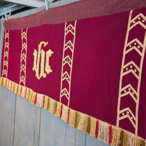 Small Mid Century Red Felt Altar Frontal with Chevrons & IHS