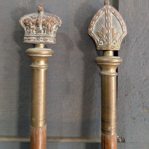 Fine Vintage Pair of Oak & Brass Crown & Mitre Wardens Staffs Staves