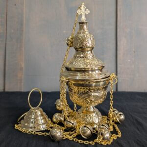 Medium Size Foliate Patterned Brass Thurible Censer Incense Burner with Bells