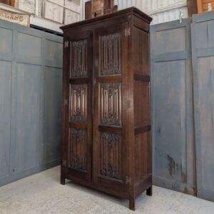 1930's Vintage Dark Solid Oak Carved Wardrobe