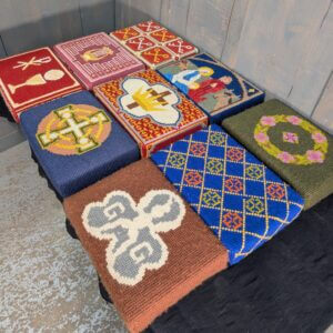 set of nine hand embroidered kneelers hassocks cushions with various designs #6