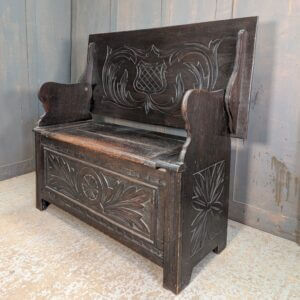 Simple Small 1920's-1930's Vintage Solid Oak & Pine Carved Monks Bench