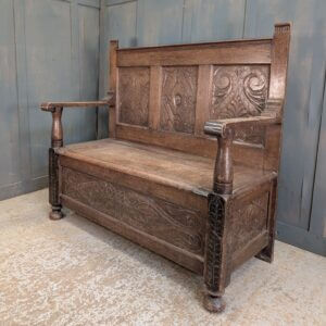 18th Century Style Carved Larger Size Antique Oak Monks Bench