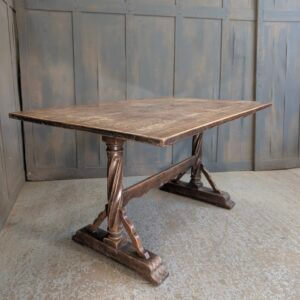 Vintage Spanish Oak Refectory Table with Turned Legs & Scalloped Stretcher
