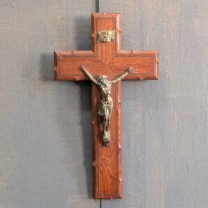 Inlaid Metal & Teak French Vintage Wall Crucifix