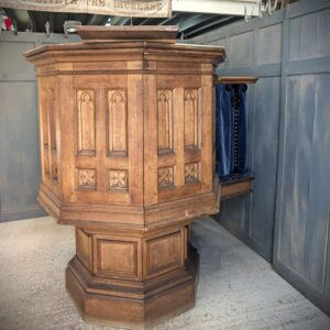 Six Sided Antique Gothic Oak Pulpit with Stairs & Feature Panels