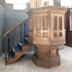 Six Sided Antique Gothic Oak Pulpit with Stairs & Feature Panels