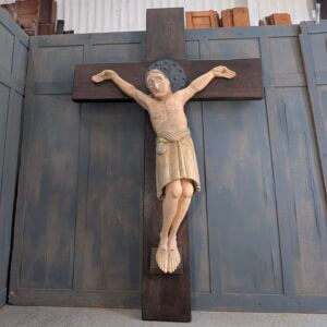 Lifesize Large Vintage Carved Church Wooden Hanging Polychrome Crucifix in the style of Eric Gill
