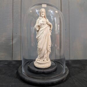 Unpainted Vintage White Religious Statue of Christ the Sacred in a Glass Dome