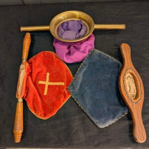 Three Oak and Brass Church Collection Pouches Bags