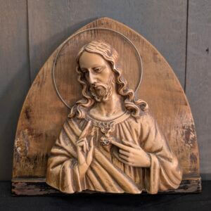 Vintage French Plaster Plaque of Christ the Sacred Heart on Oak