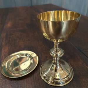 Gilt Brass Classical Shaped Church Chalice and Paten with Embossed Crosses