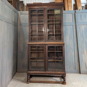 1920's Carved Oak Glazed Two Tier Bookcase with Adjustable Shelves