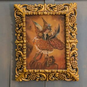 Ornate Framed Cusco School Decorative Oil Painting depicting Angel killing Satan