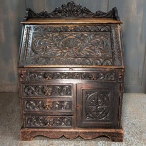Heavily Carved Victorian Oak Desk Bureau with Lion Masks