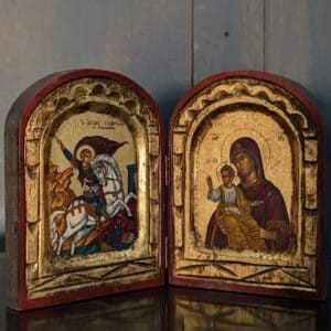 Painted Religious Greek Dyptch Icon depicting St George & The Madonna