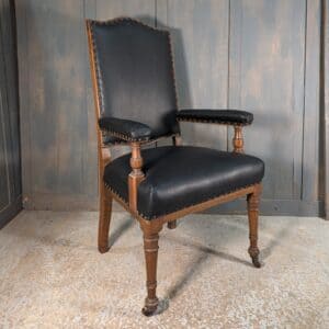 Large Edwardian Oak Upholstered Black Armchair