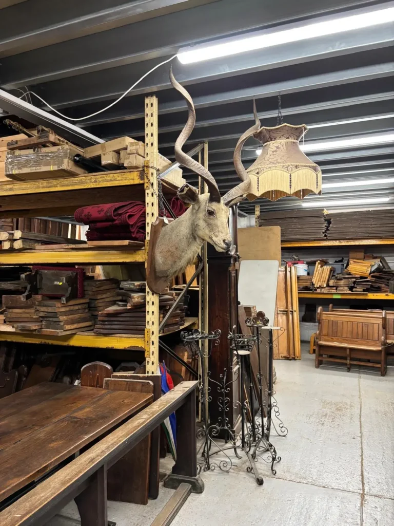 Warehouse shelving stacked with timber and textiles, a mounted antelope head, a fringed lampshade and wrought iron candle stands