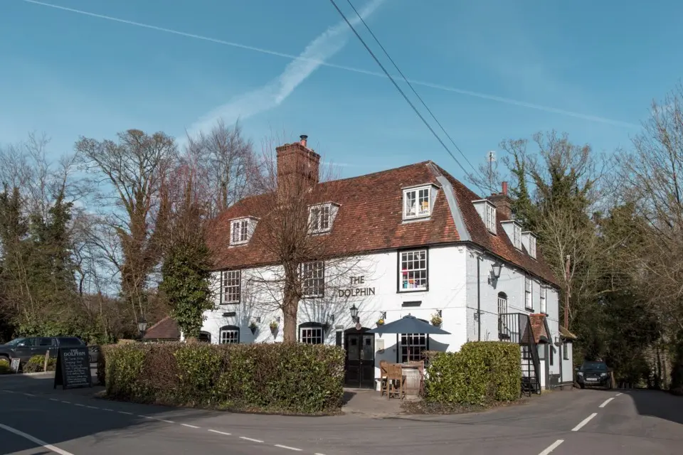 The Dolphin, a white-painted village pub on The Street in Betchworth