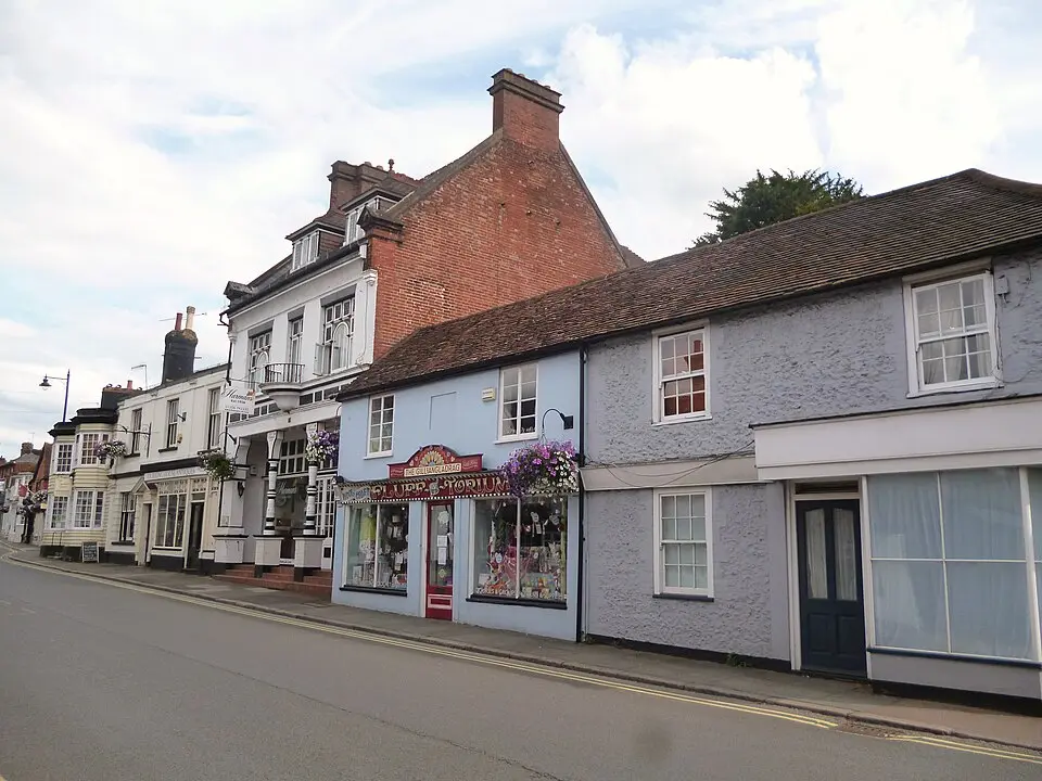 Old shopfronts and houses along West Street, the historic heart of Dorking's antiques trade